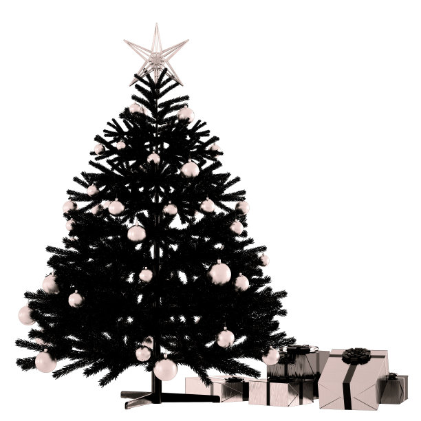 黑色的圣诞树上有礼物和一颗星星。白色背景。三维渲染图片下载