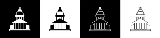 设置博物馆建筑图标孤立的黑色和图片下载