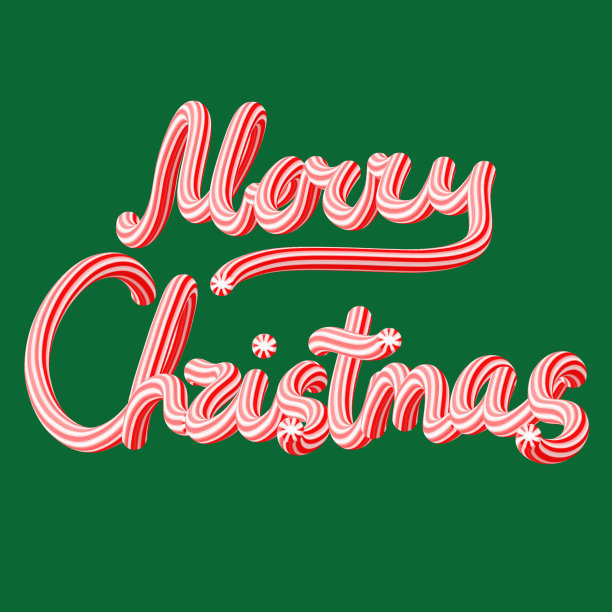 圣诞快乐的话。贺卡。在绿色背景上的薄荷糖棒形状的三维字母。图片下载