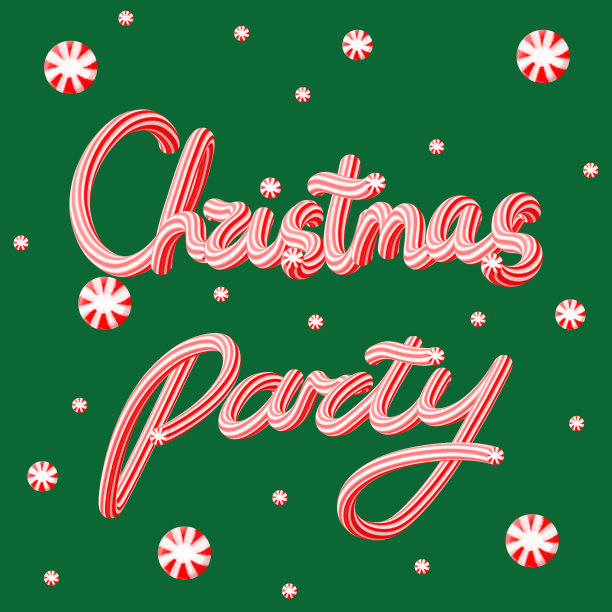 圣诞晚会。贺卡。在绿色背景上的薄荷糖棒形状的三维字母。图片下载