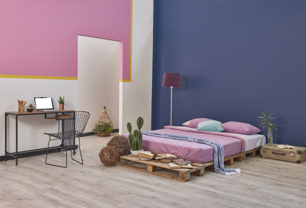 女孩卧室家中室内用粉红色的书架墙图片下载