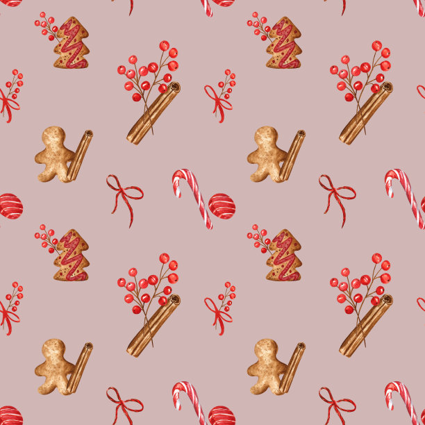 圣诞无缝图案与姜饼饼干，拐杖糖，肉桂棒，红浆果。图片下载