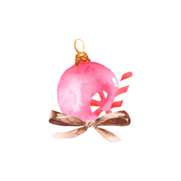 这是一幅以粉色圣诞球、蝴蝶结和白色背景上的焦糖棒为主题的节日作品。明信片设计的水彩插图。图片下载