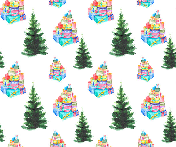 以绿色的圣诞树和一堆五颜六色的礼物为喜庆的背景。水彩无缝图案明信片，包装，壁纸和纺织品。图片下载