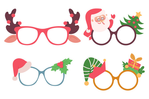 圣诞派对眼镜矢量卡通设置孤立的白色背景。图片下载