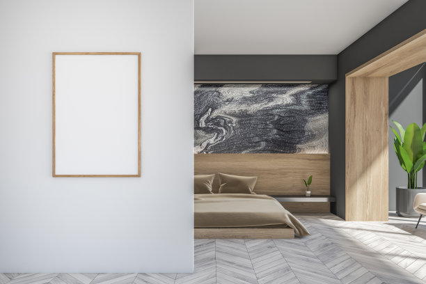 黑暗的卧室内部与空的白色海报，沙发图片下载