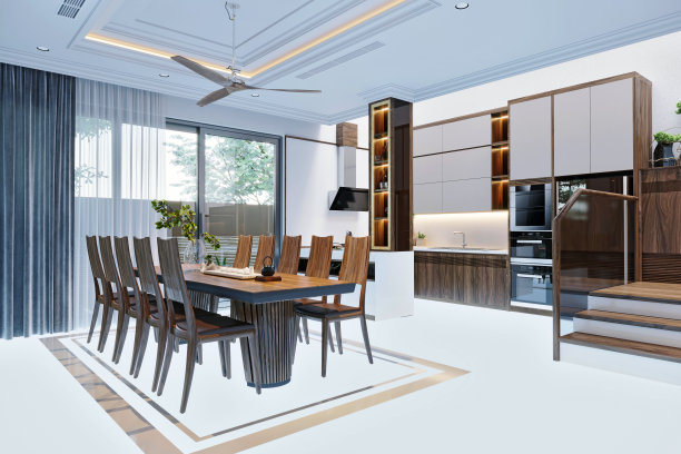家庭室内，客厅和厨房的3d渲染图片下载