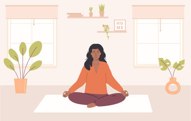 一位非裔美国妇女，双腿交叉，闭着眼睛在家冥想。年轻女性坐在舒适的现代房间和练习瑜伽，正念冥想和呼吸控制练习。向量。图片下载