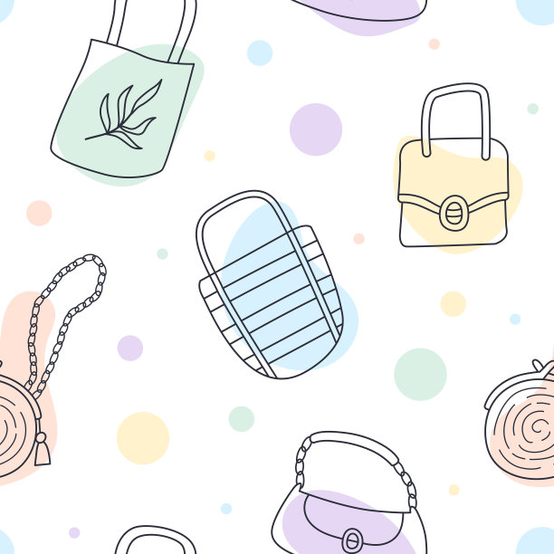 现代无缝图案与线条手袋白色背景。当代手绘袋与柔和的抽象形状。彩色的矢量图图片下载