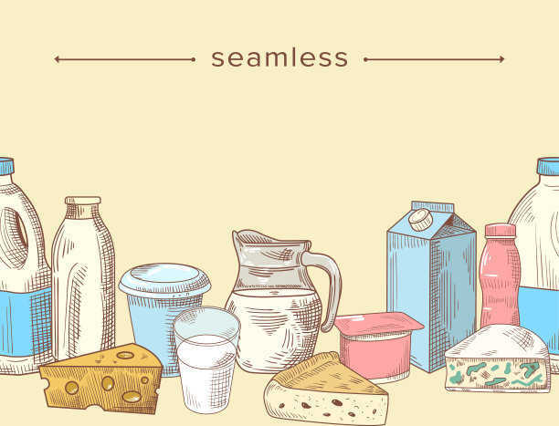 无缝模式与牛奶和奶牛场食品产品。手绘边框，素描框架与雕刻元素图片下载