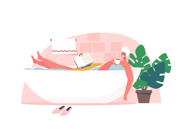 年轻女子放松在浴缸看书与咖啡杯在手。快乐女性性格卫生，健康图片下载