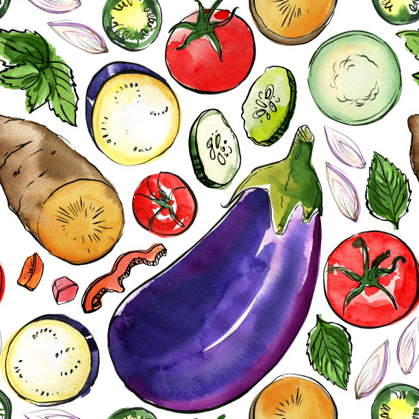 图案蔬菜画水彩在白色的背景。番茄，洋葱，萝卜，辣椒粉，香料和香草。彩色蔬菜和香草。素食主义，农耕，食物素描。图片下载