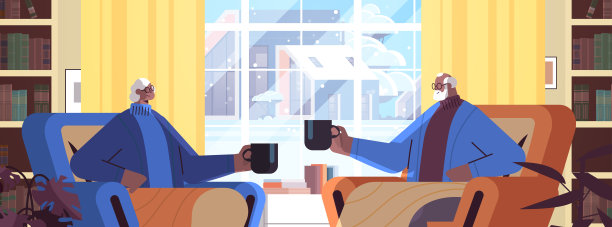 年长的非洲裔美国夫妇在家中客厅的室内水平边喝咖啡边交谈图片下载