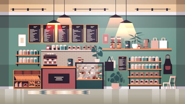 现代咖啡馆室内空无一人，餐厅平放水平图片下载