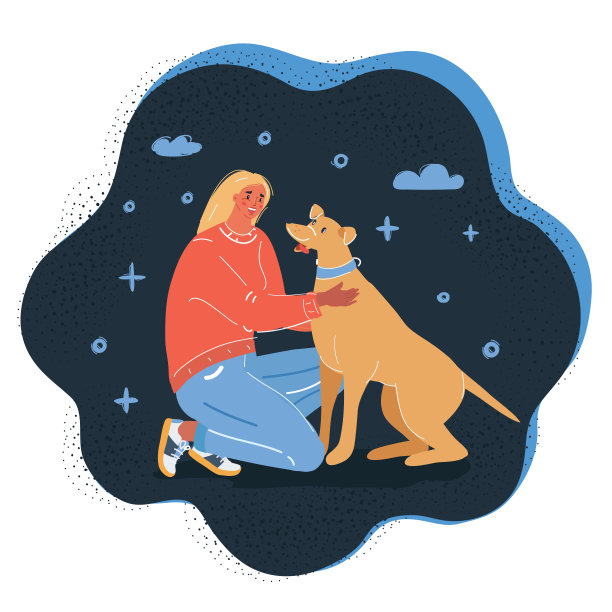 矢量插图的年轻妇女和她的狗宠物在黑暗的背景。图片下载