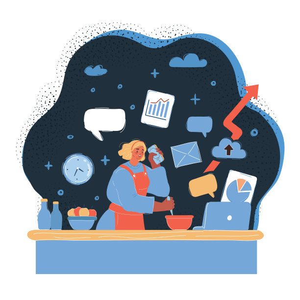 忙碌的母亲同时做许多任务，做饭，工作和谈话，晚上在黑暗的背景下听一个讲座。图片下载