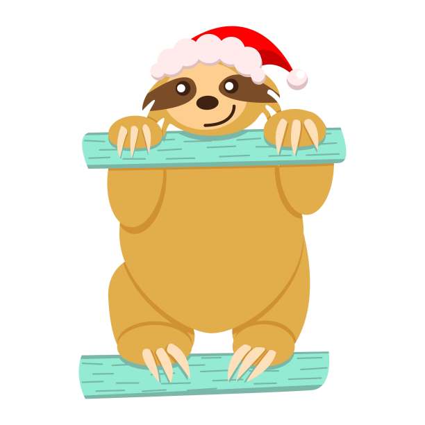 树懒宝宝坐在绿松石绿的篱笆上，戴着红白相间的帽子。可爱和有趣。卡通风格。自然与生态。圣诞快乐。新年快乐。儿童明信片，海报，平面设计，纺织品图片下载