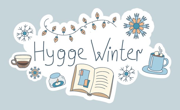 冬季Hygge涂鸦与书，咖啡杯，蜡烛，灯泡和雪花。矢量插画在斯堪的纳维亚，北欧风格。冬季。手绘和贴纸设计。图片下载