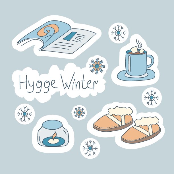 Doodle set Hygge Winter。线性舒适的雪地靴，杂志，一杯巧克力，燃烧的蜡烛和雪花。冬季。矢量插画在斯堪的纳维亚，北欧风格。手绘和贴纸设计图片下载