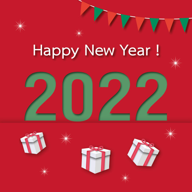 2022年新年快乐，红色背景的国旗和星星，贺卡。图片下载