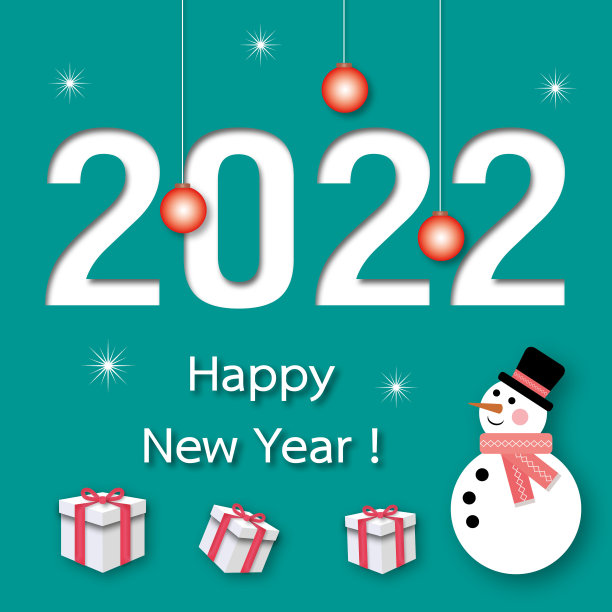 2022年新年快乐，带礼物的雪人，绿色背景上的球和星星，贺卡。图片下载