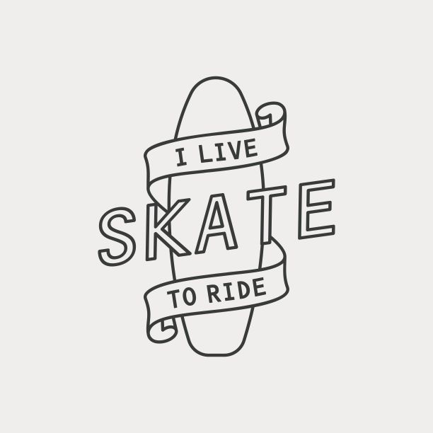 一个滑板的彩色插图，带文字在背景上。图片下载