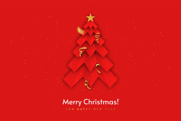 圣诞快乐，恭贺新禧。圣诞背景模板与程式化的圣诞树剪纸风格。金色的五彩纸屑和闪光的红色背景图片下载
