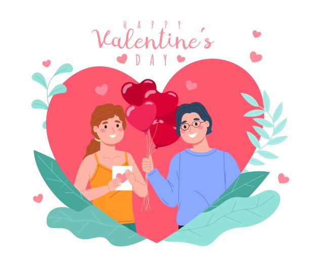 情人节的人。年轻人送给女孩一串心形气球。夫妇在爱。2月节日庆典。朋友的礼物。浪漫的约会。贺卡模型。向量的概念图片下载