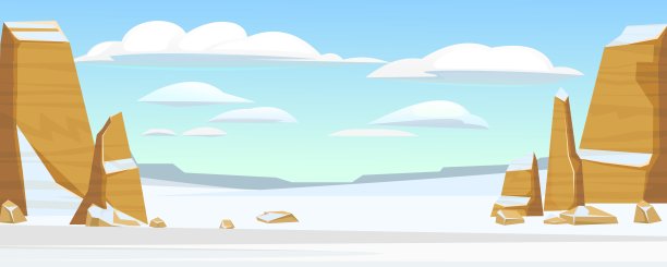 岩石峭壁。白雪皑皑的沙漠。沙漠自然景观用石头。插图在卡通风格的平面设计。水平组合。向量图片下载