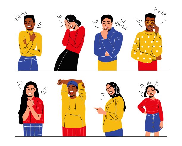 人们笑。幸福的男人和女人。年轻角色的情感表达。积极的笑话反应。男孩和女孩玩得很开心。人的手势和姿势。矢量微笑朋友集图片下载