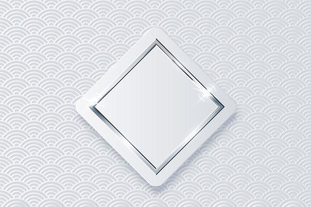 3d菱形白色按钮与闪亮的银，铬或钢金属方形框架矢量插图。现实的现代几何贴纸元素在海浪无缝图案的背景。图片下载