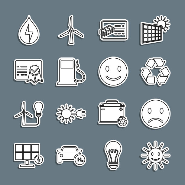 设置线可爱的太阳与微笑，悲伤，回收标志，金融文件，汽油或加油站，证书模板，水能源和微笑的脸图标。向量图片下载