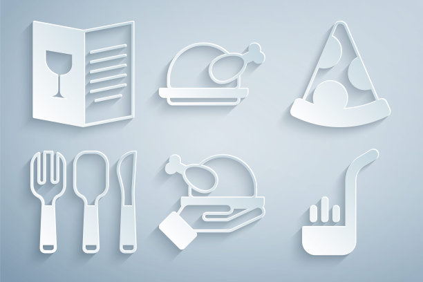 设置烤火鸡或鸡肉，披萨片，叉子，勺子和刀，厨房勺子，和餐厅咖啡馆菜单图标。向量图片下载