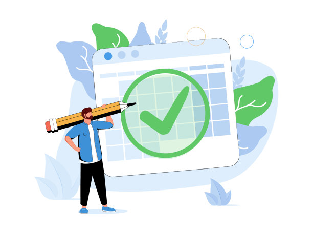 美丽的女商人站在大时间表附近，上面有巨大的检查标记，并在她的肩膀上持有大标记。图片下载