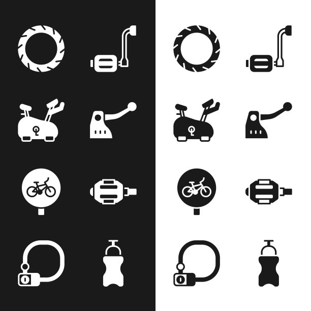 设置自行车刹车，固定自行车，车轮轮胎，踏板，运动瓶与水和锁图标。向量图片下载