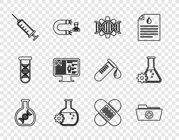 设置线DNA研究，搜索，健康记录文件夹，基因工程，生物工程，注射器，临床监测，交叉绷带石膏和图标。向量图片下载