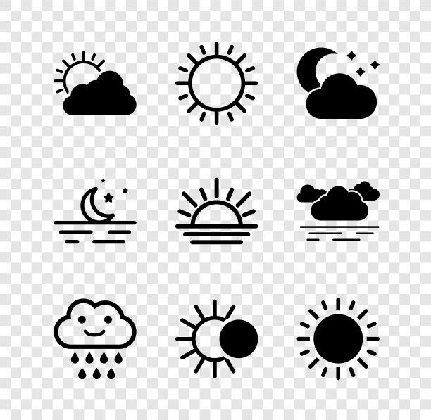 日落和云天气，云与月亮星星，雨，日蚀，月亮和日落的图标。向量图片下载