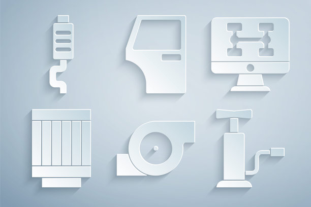 设置汽车涡轮增压器，汽车诊断条件，汽车空气过滤器，泵，门和消声器图标。向量图片下载