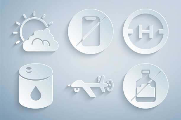 设置无人机无人机，直升机停机坪，桶油，无酒精，手机和太阳云天气图标。向量图片下载