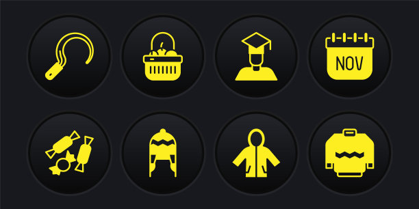 套装糖果，十一月日历秋天，冬季帽子，雨衣，毕业生毕业帽，篮子食品，毛衣和镰刀图标。向量图片下载