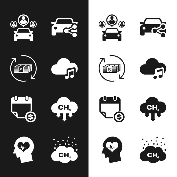 设置音乐流媒体服务，退款，汽车共享，财务日历和甲烷减排图标。向量图片下载