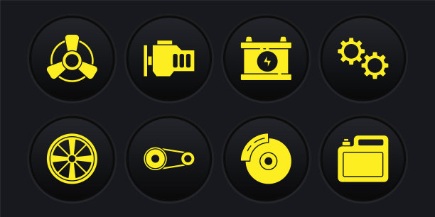 设置合金车轮，齿轮，正时皮带套件，汽车制动盘卡钳，电池，检查发动机，机油罐和风扇图标。向量图片下载