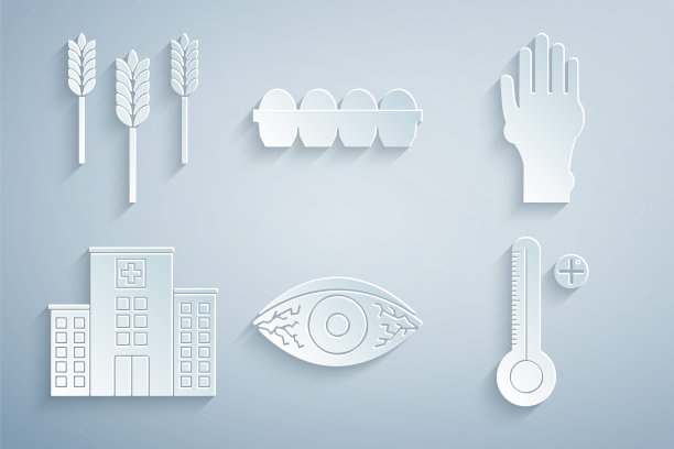 设置红眼过敏性结膜炎，手有牛皮癣或湿疹，医疗医院大楼，数字温度计，鸡蛋盒和小麦图标。向量图片下载
