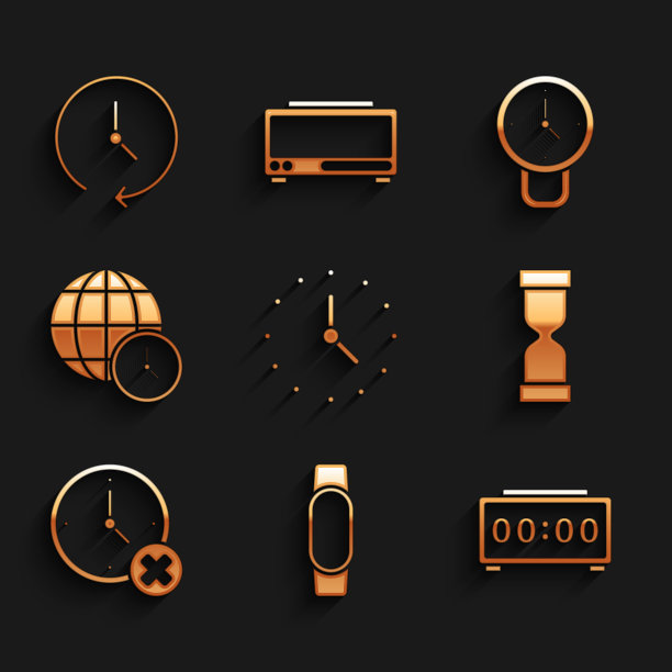 设置时钟，智能手表，数字闹钟，旧沙漏，删除，世界时间，和图标。向量图片下载