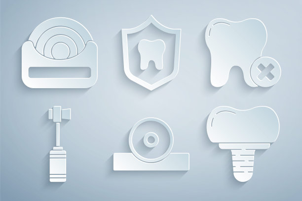 设置耳鼻喉头反射器，龋齿，牙刷，植牙，保护和牙线图标。向量图片下载