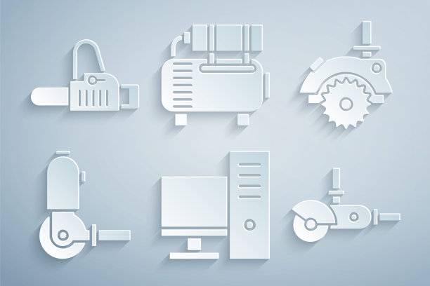 设置电脑显示器、电动圆锯、角磨机、空压机、电锯图标。向量图片下载