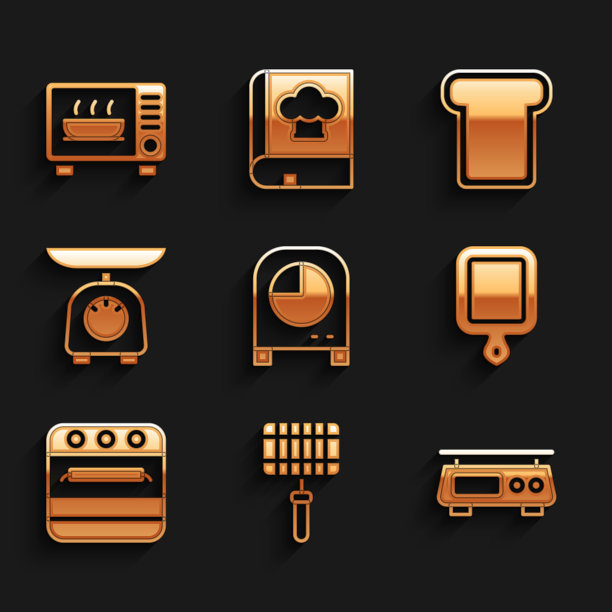 设置厨房计时器，烧烤钢网格，电子天平，砧板，烤箱，天平，面包烤面包和微波炉图标。向量图片下载