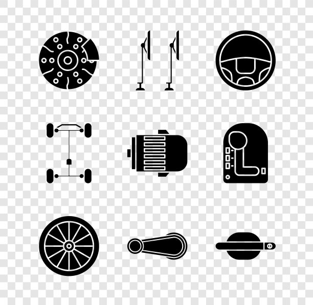 设置汽车制动盘与卡钳，挡风玻璃刮水器，方向盘，门把手，底盘汽车和电动引擎图标。向量图片下载