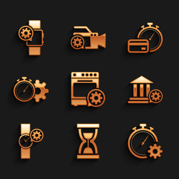 设置烤箱设置，旧沙漏与沙子，时间管理，银行大楼，腕表和图标。向量图片下载