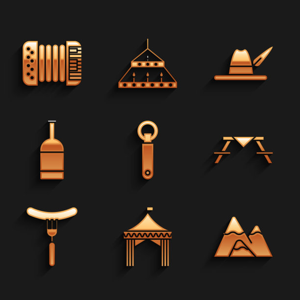 设置开瓶器，野营帐篷，山，带长椅的野餐桌，叉子上的香肠，啤酒瓶，啤酒节帽子和手风琴图标。向量图片下载